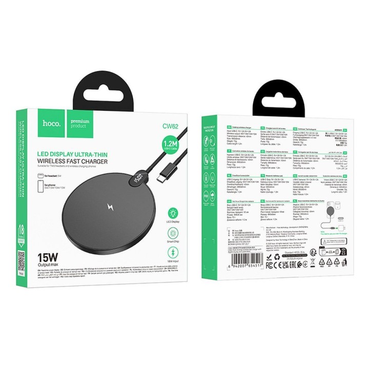 Wireless charger Hoco 15W with cable USB C and display CW62 black