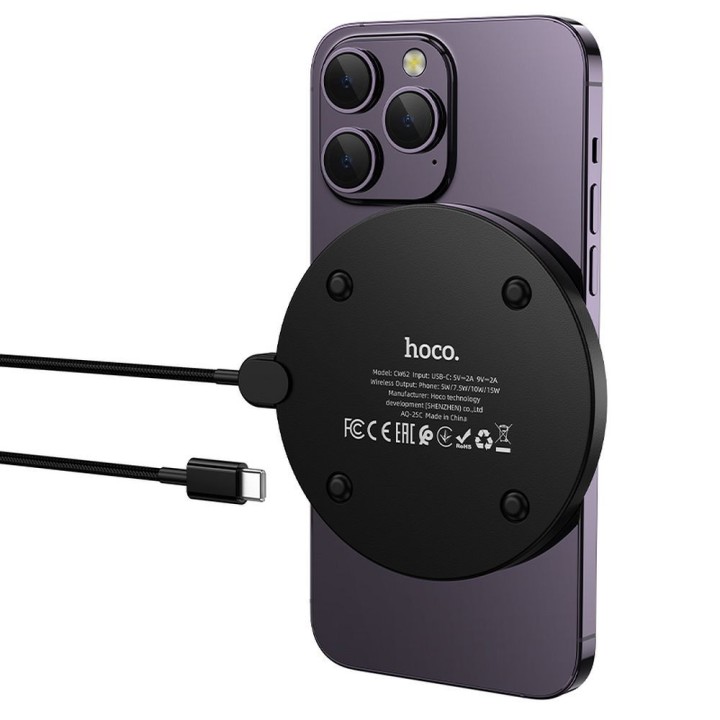 Бездротовий зарядний пристрій Hoco 15W з кабелем USB C і дисплеєм CW62 чорний