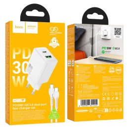 Wall charger for phone Hoco USB A + USB C QC3.0 PS AFC 3A 30W + cable USB C to USB C N71 white