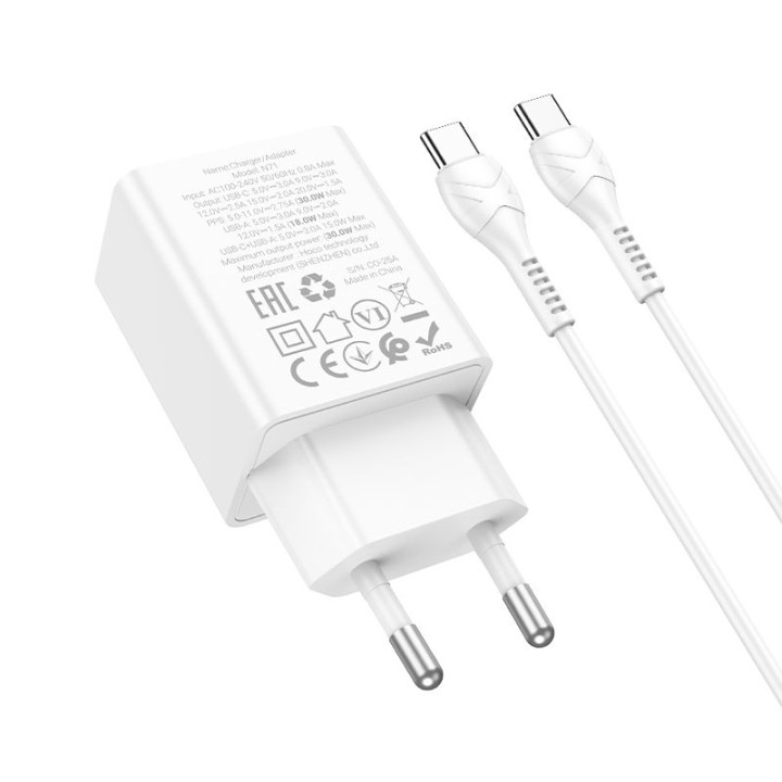 Сетевое зарядное устройство для телефона Hoco USB A + USB C QC3.0 PS AFC 3A 30W + кабель USB-C – USB-C N71 белое