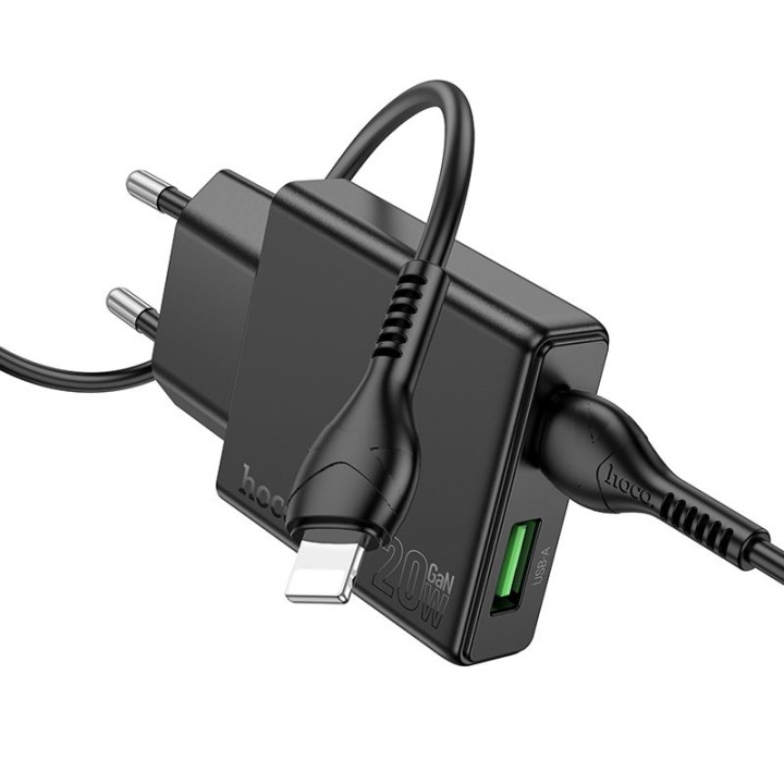 Wall charger for phone Hoco Slim USB A + USB C QC3.0 PD 3A 20W + cable USB C to Lightning N38 black