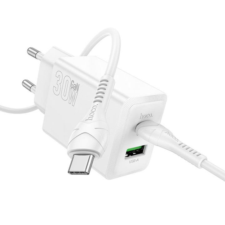 Wall charger for phone Hoco USB A + USB C QC3.0 PS AFC 3A 30W + cable USB C to USB C N71 white