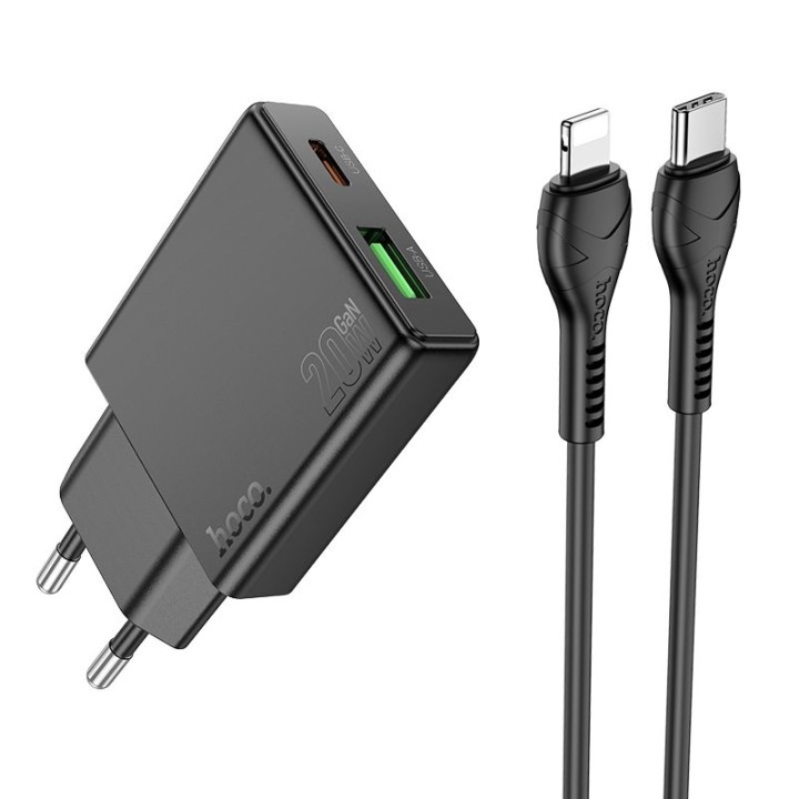 Мережевий зарядний пристрій для телефону Hoco Slim USB A + USB C QC3.0 PD 3A 20W + кабель USB-C – Lightning N38 чорний