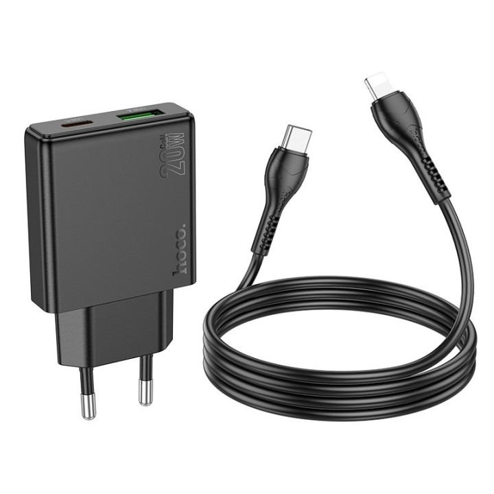 Мережевий зарядний пристрій для телефону Hoco Slim USB A + USB C QC3.0 PD 3A 20W + кабель USB-C – Lightning N38 чорний