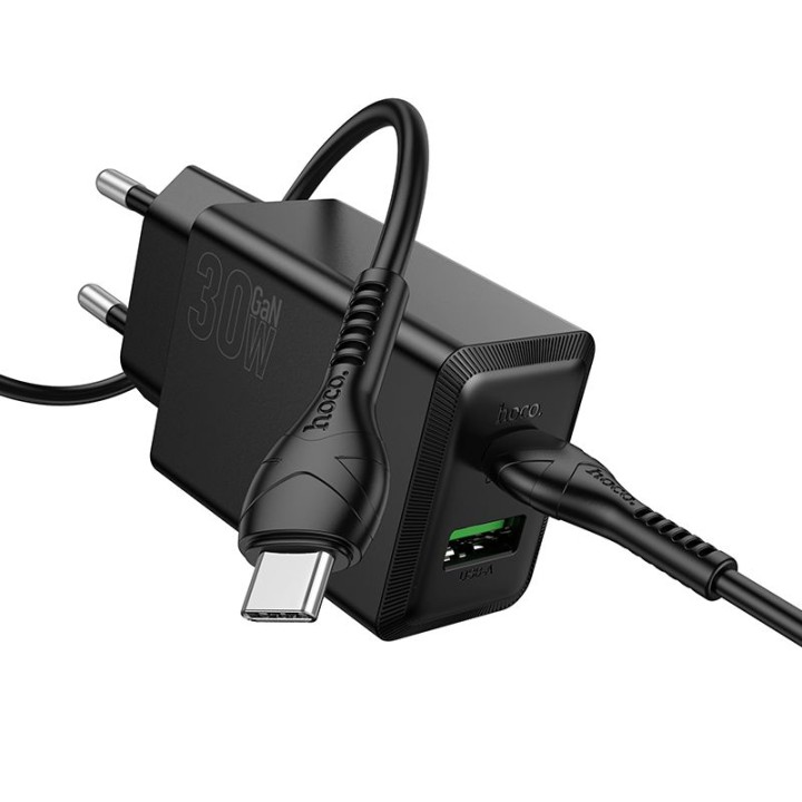 Wall charger for phone Hoco USB A + USB C QC3.0 PS AFC 3A 30W + cable USB C to USB C N71 black