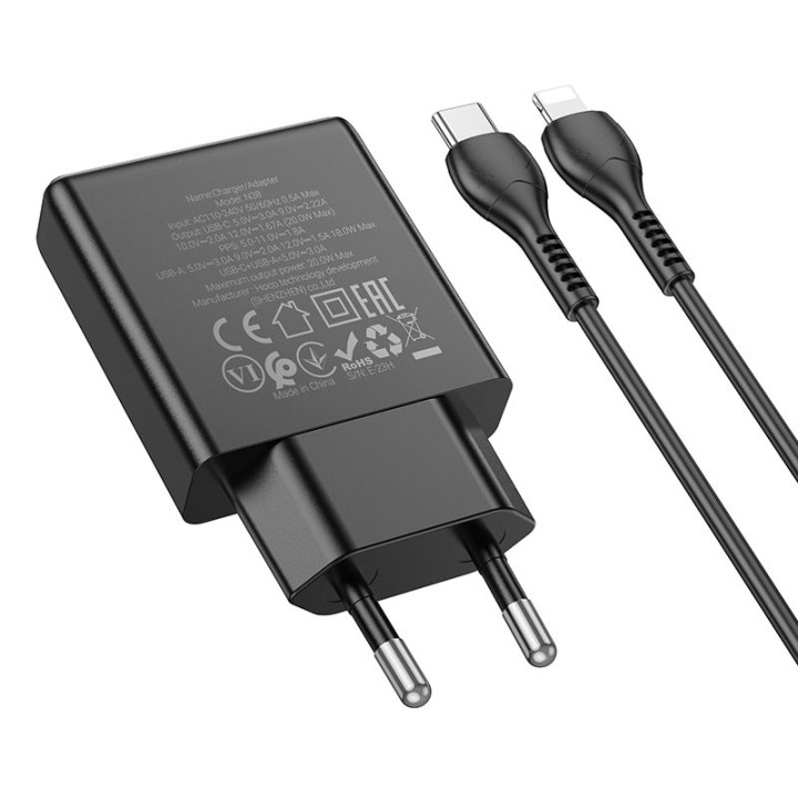 Wall charger for phone Hoco Slim USB A + USB C QC3.0 PD 3A 20W + cable USB C to Lightning N38 black
