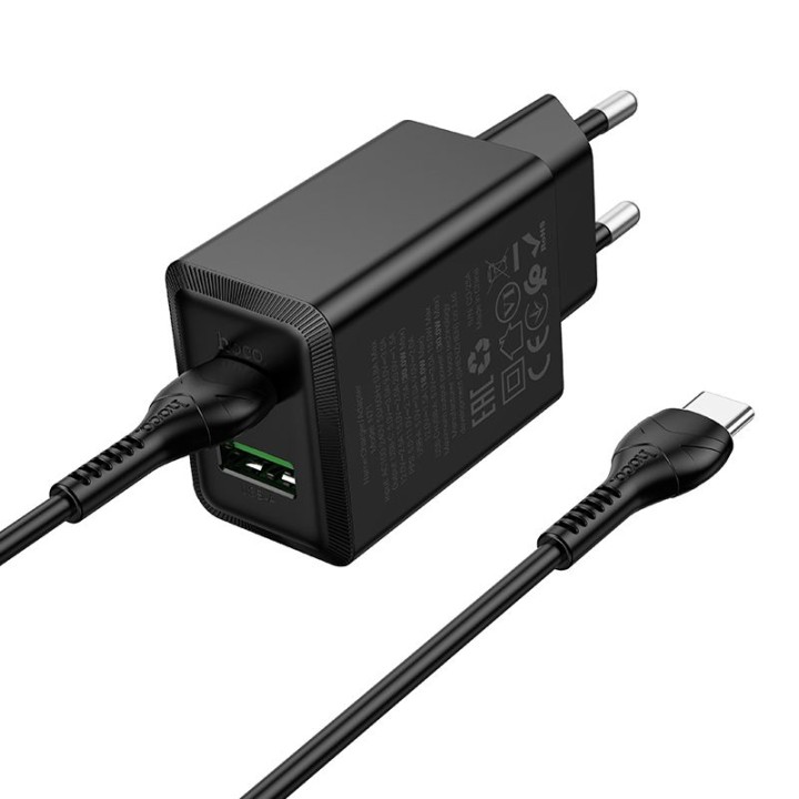Wall charger for phone Hoco USB A + USB C QC3.0 PS AFC 3A 30W + cable USB C to USB C N71 black