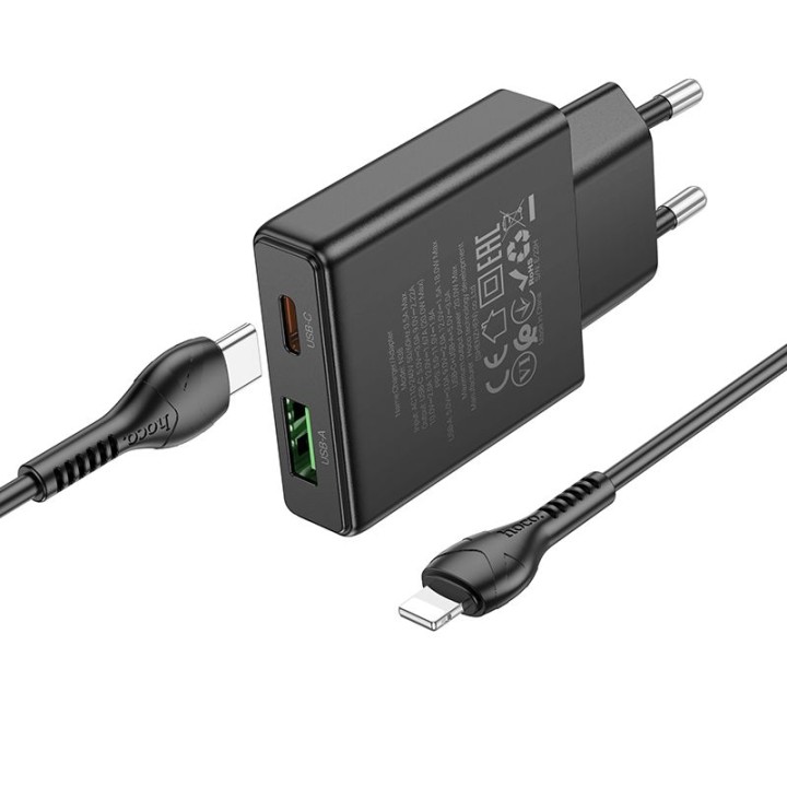Мережевий зарядний пристрій для телефону Hoco Slim USB A + USB C QC3.0 PD 3A 20W + кабель USB-C – Lightning N38 чорний