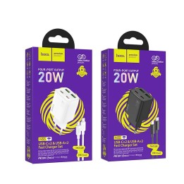 Wall charger for phone Hoco 2 x USB C + 2 x USB A QC3.0 PD 3A 20W + USB-C to Lightning cable N55 white