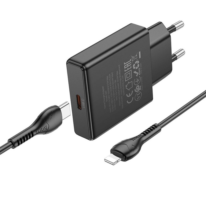 Сетевое зарядное устройство для телефона Hoco Slim USB C QC PD 20W + кабель USB C — Lightning N37 черное
