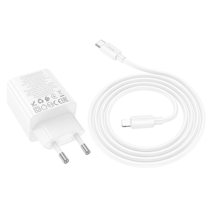 Wall charger for phone Hoco 2 x USB C + 2 x USB A QC3.0 PD 3A 20W + USB-C to Lightning cable N55 white