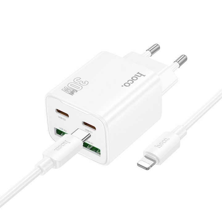 Wall charger for phone Hoco 2 x USB C + 2 x USB A QC3.0 PD 3A 30W + cable USB C to Lightning N56 white