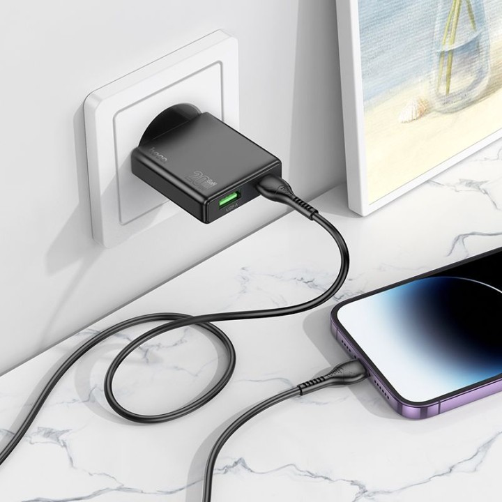 Wall charger for phone Hoco Slim USB A + USB C QC3.0 PD 3A 20W + cable USB C to Lightning N38 black