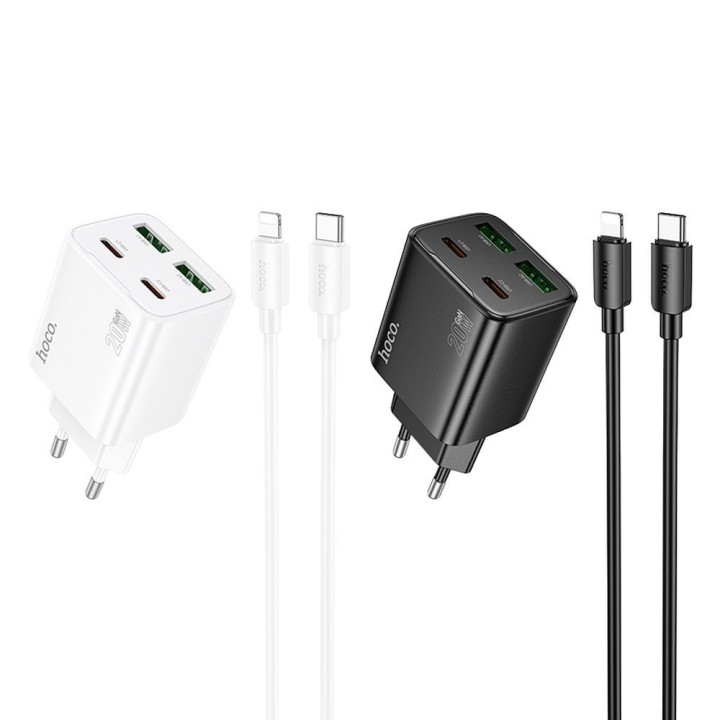 Wall charger for phone Hoco 2 x USB C + 2 x USB A QC3.0 PD 3A 20W + USB-C to Lightning cable N55 white