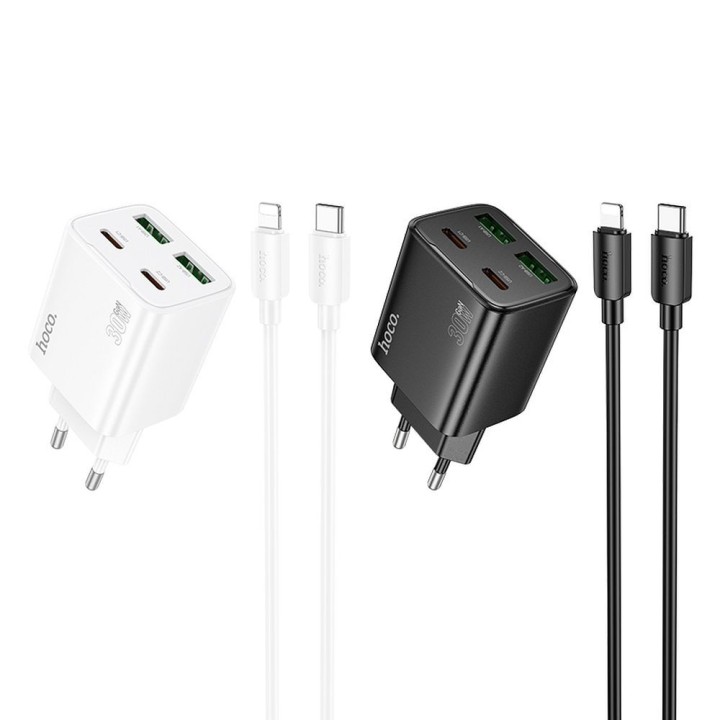 Wall charger for phone Hoco 2 x USB C + 2 x USB A QC3.0 PD 3A 30W + cable USB C to Lightning N56 white