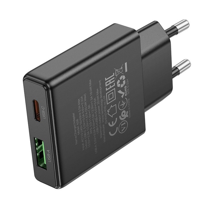 Сетевое зарядное устройство для телефона Hoco Slim USB A + USB C QC3.0 PD 3A 20W N38 черное
