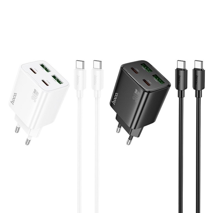 Сетевое зарядное устройство для телефона Hoco 2 x USB C + 2 x USB A QC3.0 PD 3A 30W + кабель USB-C – USB-C N56 белое