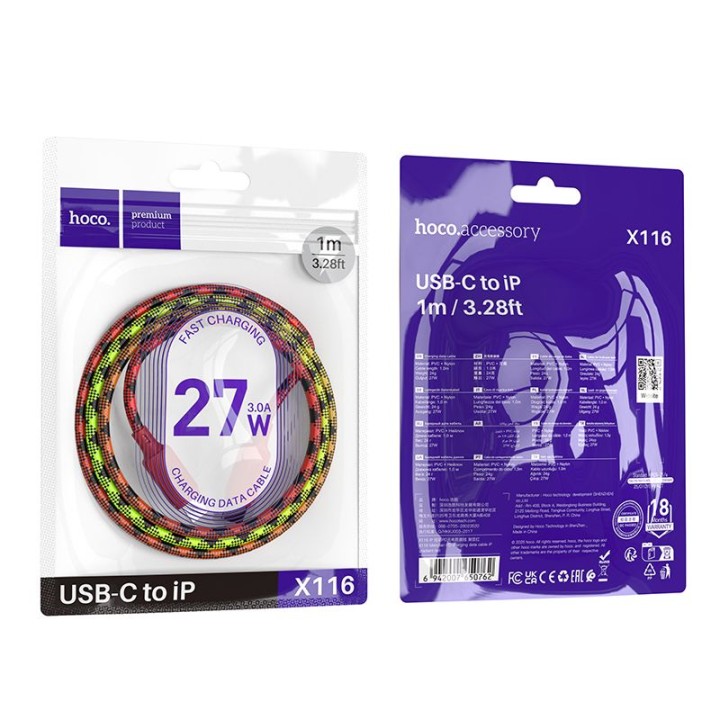 Kabel USB C do Lightning Hoco PD 27W 1 m X116 gradient czerwony