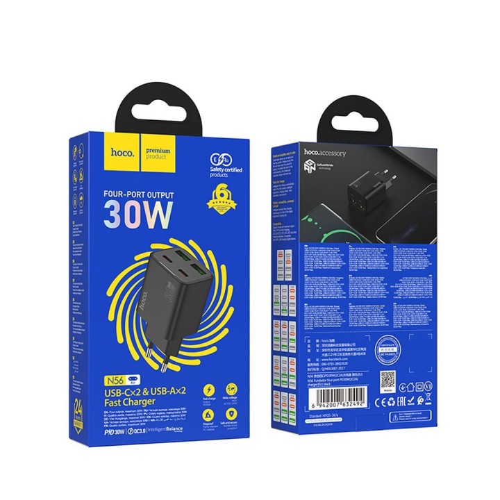 Мережевий зарядний пристрій для телефону Hoco 2 x USB C + 2 x USB A QC3.0 PD 3A 30W N56 чорний