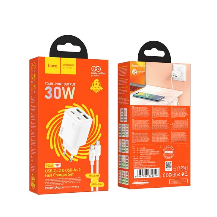 Wall charger for phone Hoco 2 x USB C + 2 x USB A QC3.0 PD 3A 30W + cable USB C to USB C N56 white