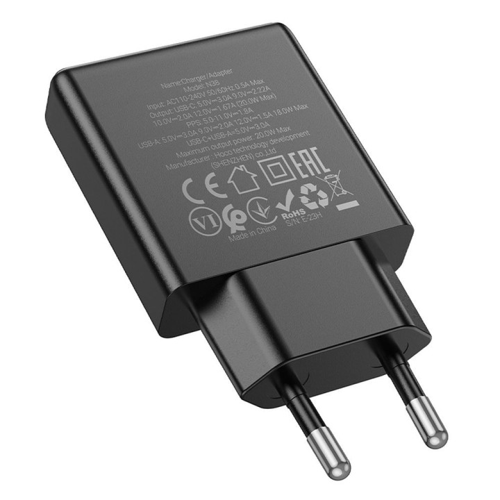 Сетевое зарядное устройство для телефона Hoco Slim USB A + USB C QC3.0 PD 3A 20W N38 черное