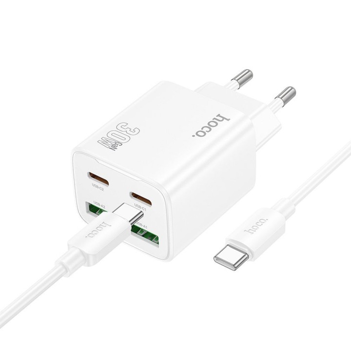 Wall charger for phone Hoco 2 x USB C + 2 x USB A QC3.0 PD 3A 30W + cable USB C to USB C N56 white