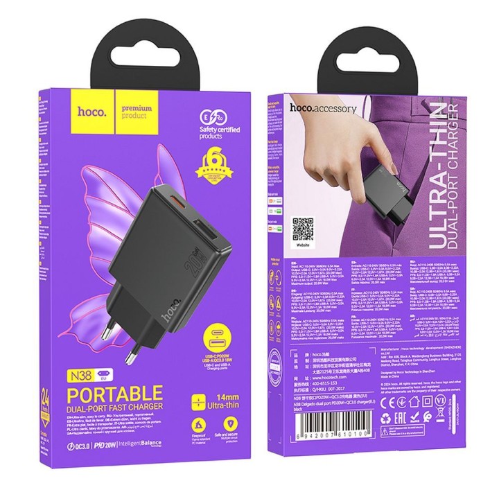 Мережевий зарядний пристрій для телефону Hoco Slim USB A + USB C QC3.0 PD 3A 20W N38 чорний
