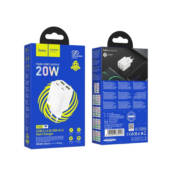 Wall charger for phone Hoco 2 x USB C + 2 x USB A QC3.0 PD 3A 30W N56 white