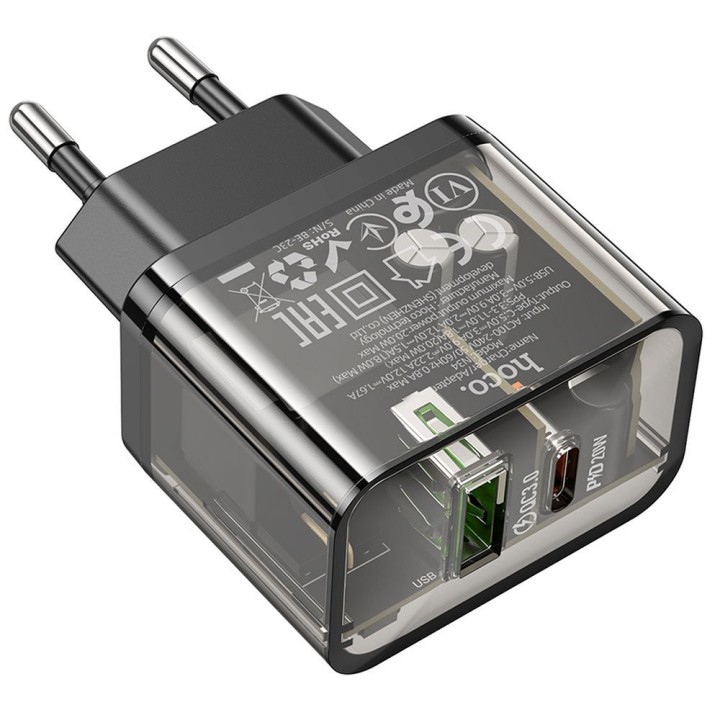 Мережевий зарядний пристрій для телефону Hoco USB A + USB C QC3.0 PD 3A 20W N34 прозора