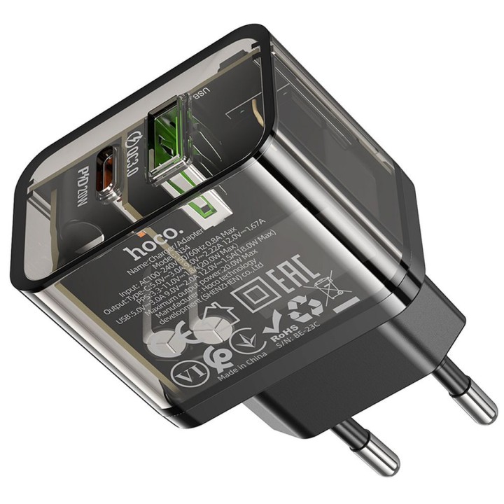 Мережевий зарядний пристрій для телефону Hoco USB A + USB C QC3.0 PD 3A 20W N34 прозора