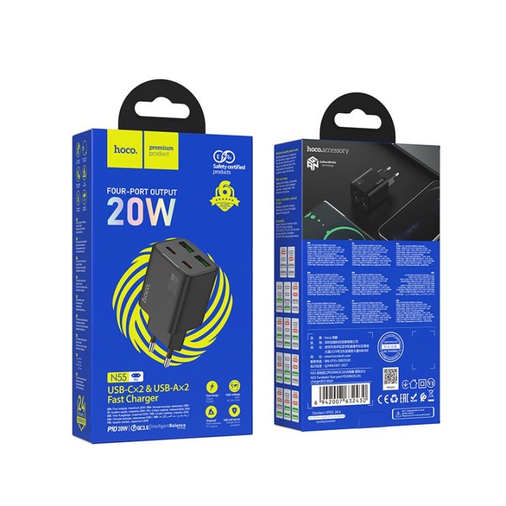 Мережевий зарядний пристрій для телефону Hoco 2 x USB C + 2 x USB A QC3.0 PD 3A 30W N56 білий