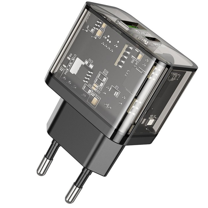 Ładowarka sieciowa do telefonu Hoco USB A + USB C QC3.0 PD 3A 20W N34 transparentna