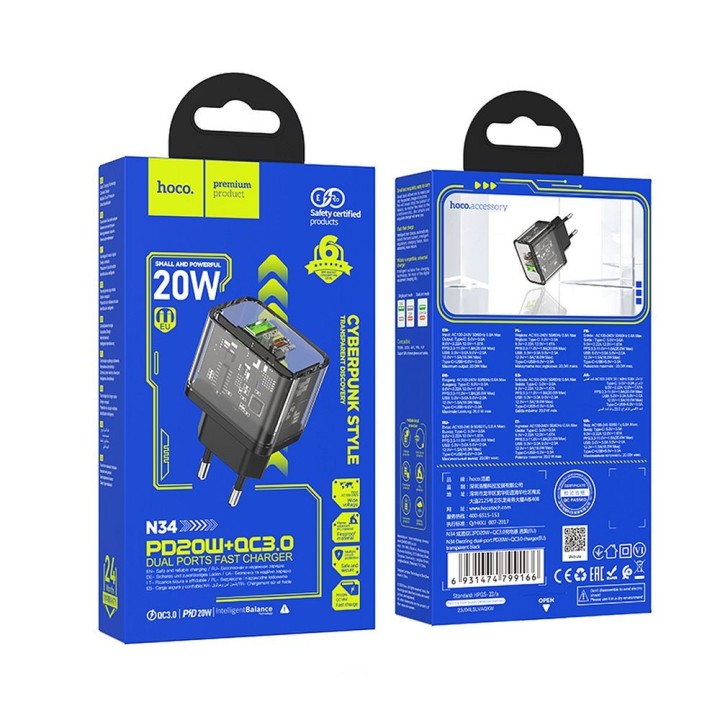 Мережевий зарядний пристрій для телефону Hoco USB A + USB C QC3.0 PD 3A 20W N34 прозора