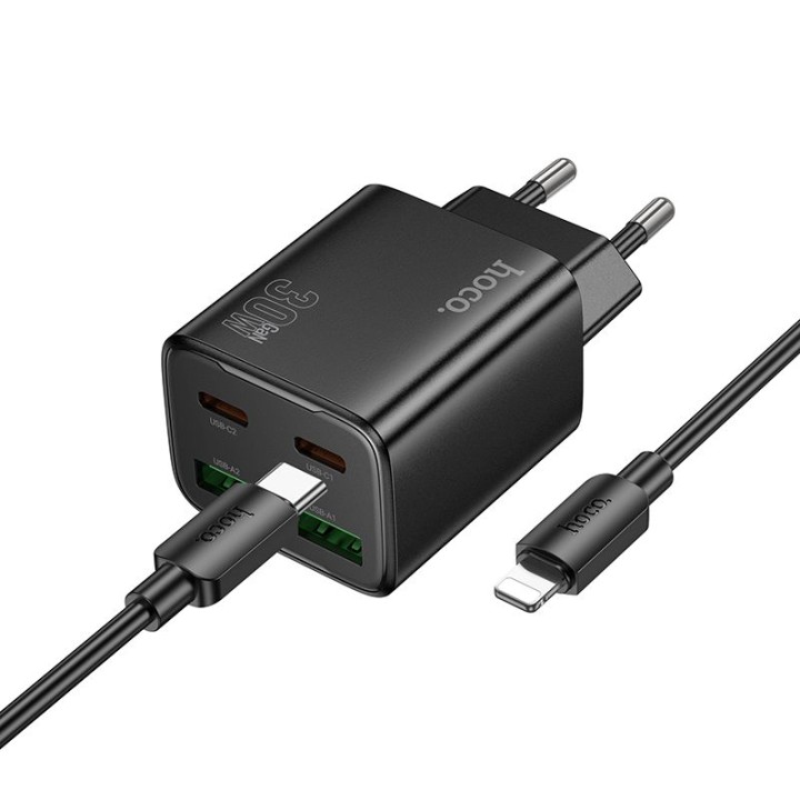 Мережевий зарядний пристрій для телефону Hoco 2 x USB C + 2 x USB A QC3.0 PD 3A 30W + кабель USB-C – Lightning N56 чорний