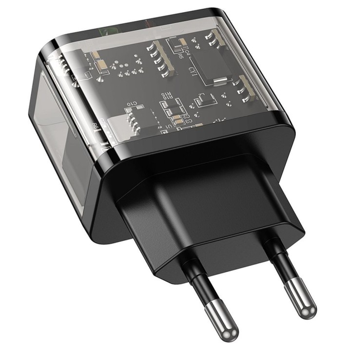 Мережевий зарядний пристрій для телефону Hoco USB A + USB C QC3.0 PD 3A 20W N34 прозора