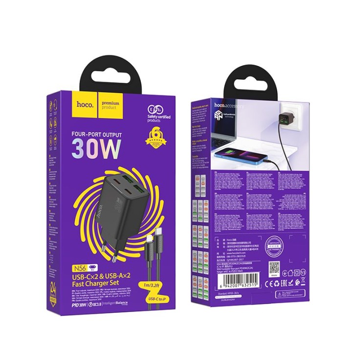 Мережевий зарядний пристрій для телефону Hoco 2 x USB C + 2 x USB A QC3.0 PD 3A 30W + кабель USB-C – Lightning N56 чорний