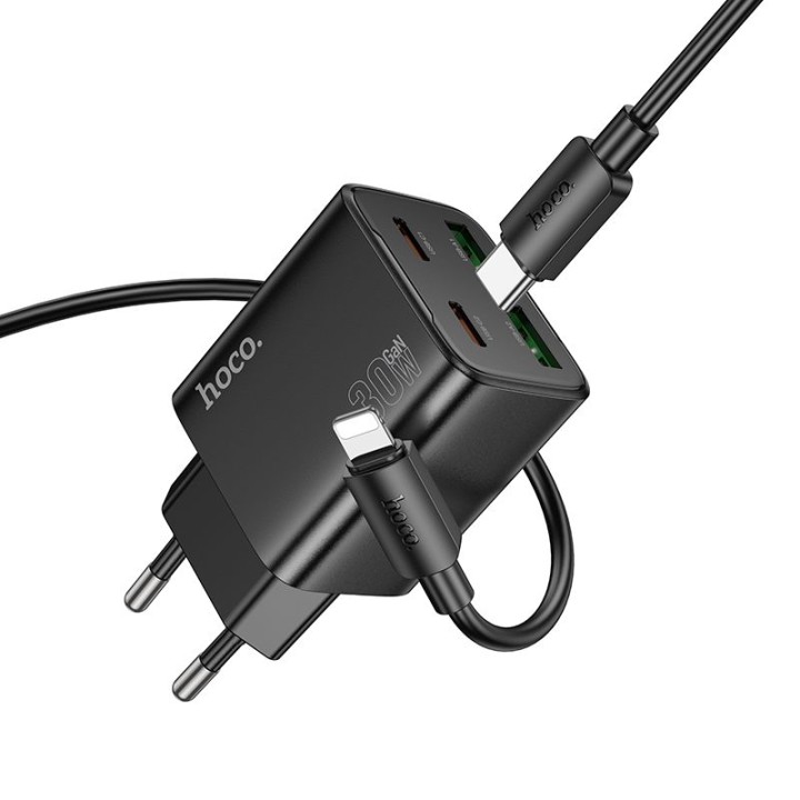 Wall charger for phone Hoco 2 x USB C + 2 x USB A QC3.0 PD 3A 30W + cable USB C to Lightning N56 black