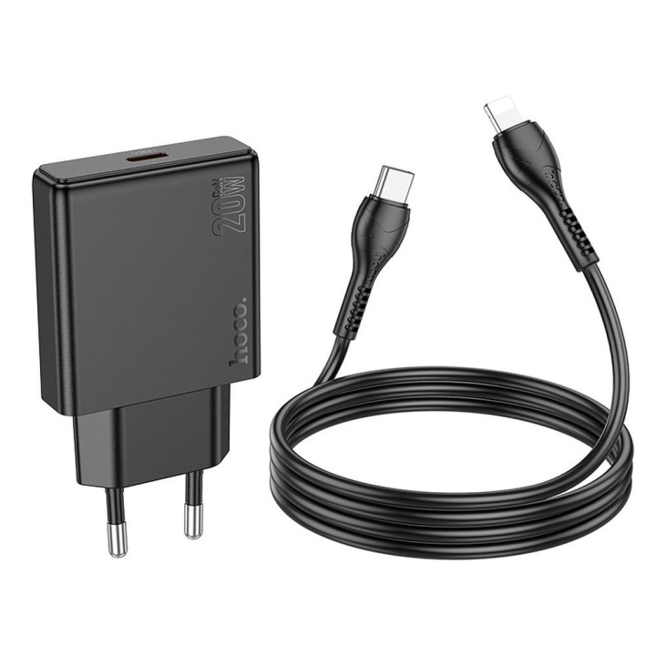 Wall charger for phone Hoco Slim USB C QC PD 20W + cable USB C to Lightning N37 black