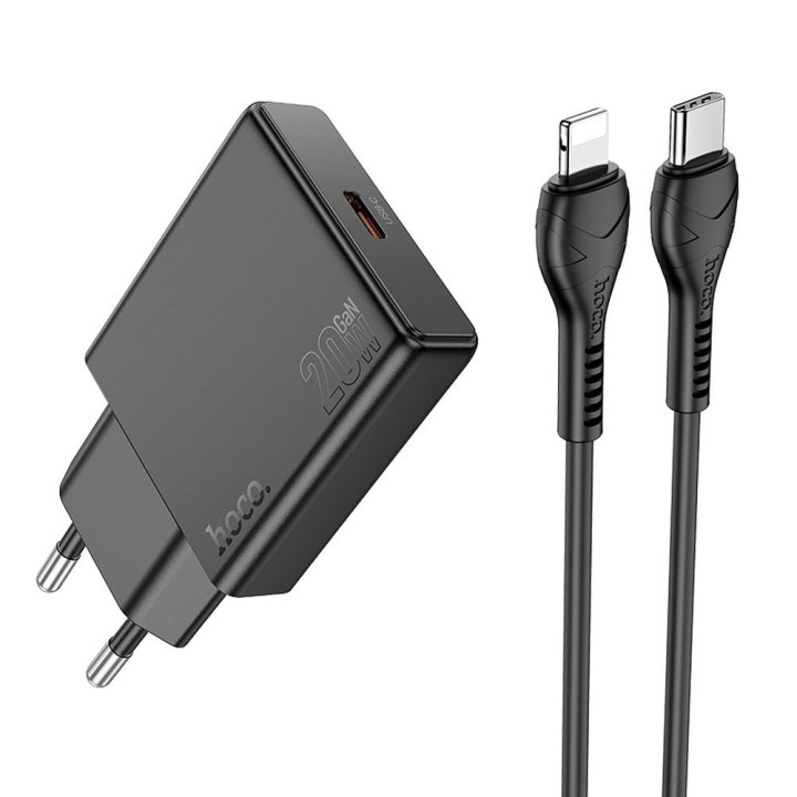 Сетевое зарядное устройство для телефона Hoco Slim USB C QC PD 20W + кабель USB C — Lightning N37 черное