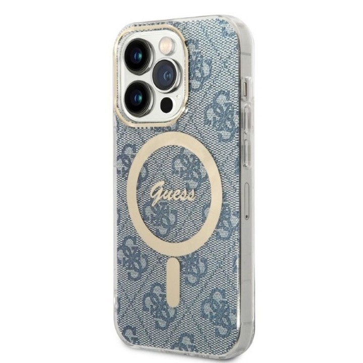 GUESS set for IPHONE 14 Pro compatible with MagSafe GUBPP14LH4EACSB (Bundle Pack / Case + Charger / 4G) gold blue