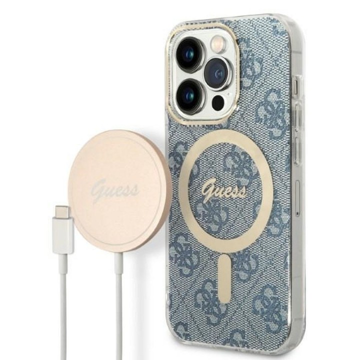 GUESS комплект для IPHONE 14 Pro, сумісний із MagSafe GUBPP14LH4EACSB (Bundle Pack / Case + Charger / 4G), золотий синій