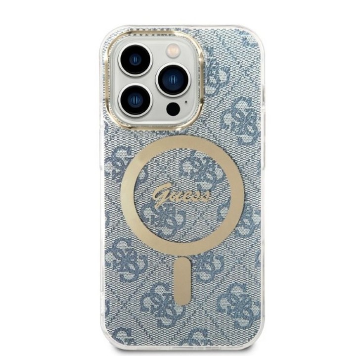 GUESS set for IPHONE 14 Pro compatible with MagSafe GUBPP14LH4EACSB (Bundle Pack / Case + Charger / 4G) gold blue