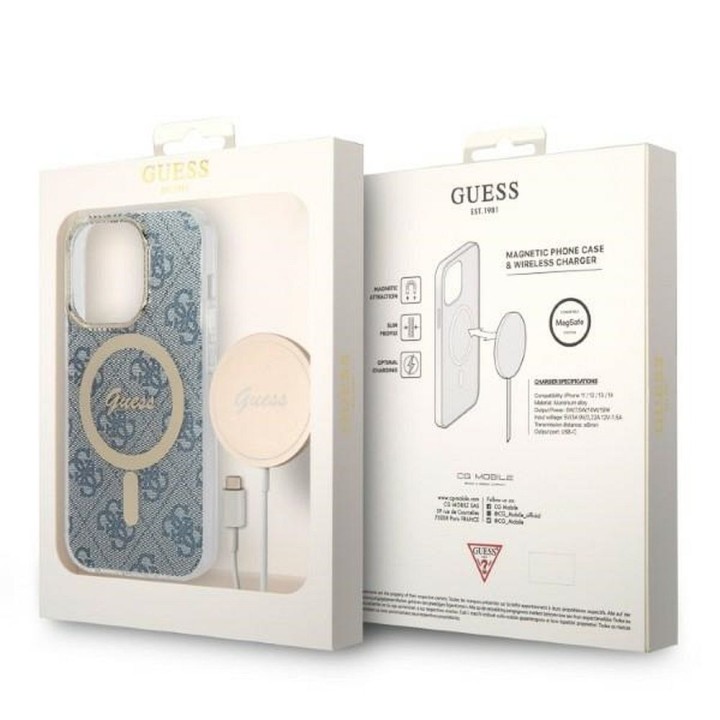 GUESS set for IPHONE 14 Pro compatible with MagSafe GUBPP14LH4EACSB (Bundle Pack / Case + Charger / 4G) gold blue