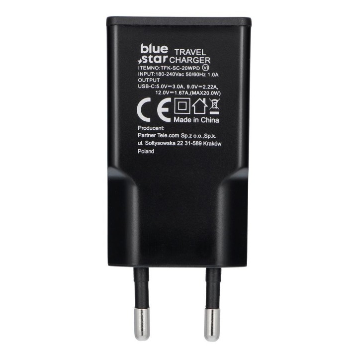 Ładowarka sieciowa do telefonu Blue Star Slim GaN USB QC4.0 PD 3A 20W TFK-SC-20WPD czarna