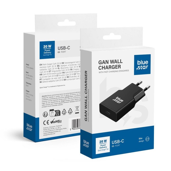 Сетевое зарядное устройство для телефона Blue Star Slim GaN USB QC4.0 PD 3A 20W TFK-SC-20WPD черное