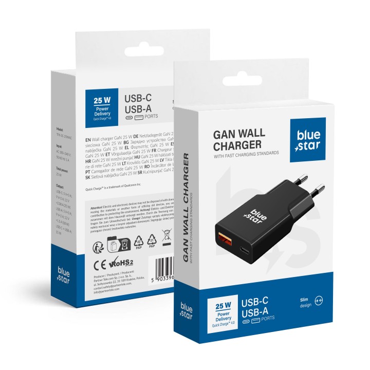 Сетевое зарядное устройство для телефона Blue Star Slim GaN USB C + USB A QC4.0 PD 3A 25W TFK-SC-25WAC черное