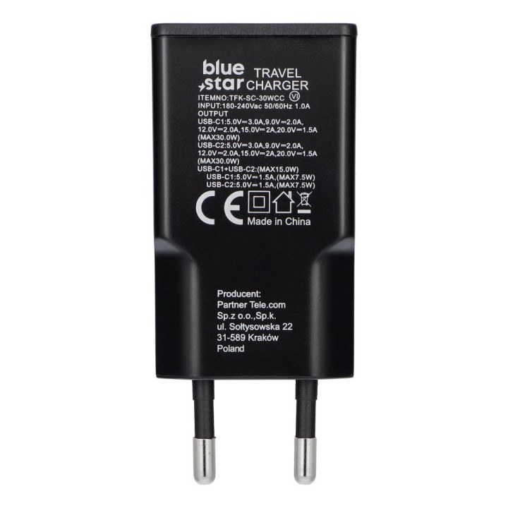 Сетевое зарядное устройство для телефона Blue Star Slim GaN 2 x USB C QC4.0 PD 3A 30W TFK-SC-30WCC черное