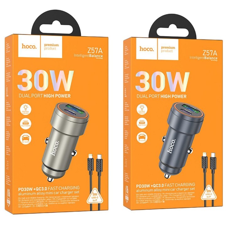 Ładowarka samochodowa Hoco USB A + USB C QC3.0 PD 30W + kabel USB C do Lightning Z57A czarna