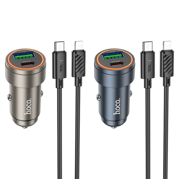 Car charger Hoco USB A + USB C QC3.0 PD 30W + USB-C to Lightning cable Z57A black