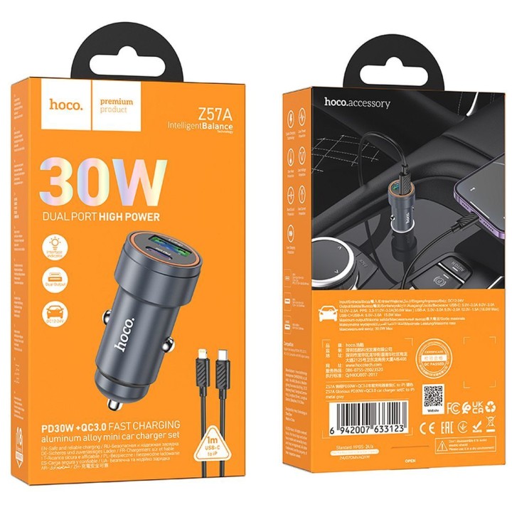 Автомобильное зарядное устройство Hoco USB A + USB C QC3.0 PD 30W + кабель USB C — Lightning Z57A черное